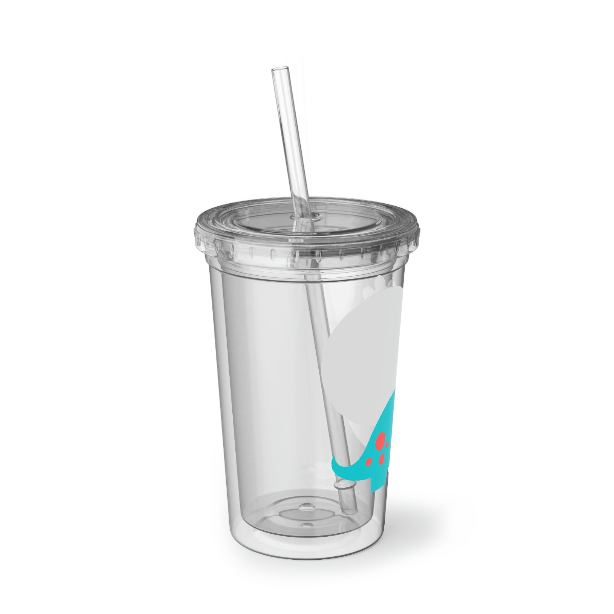 Light Blue Long Neck Dinosaur Suave Acrylic Cup with vibrant dinosaur design, double-wall insulation, and a plastic lid and straw.