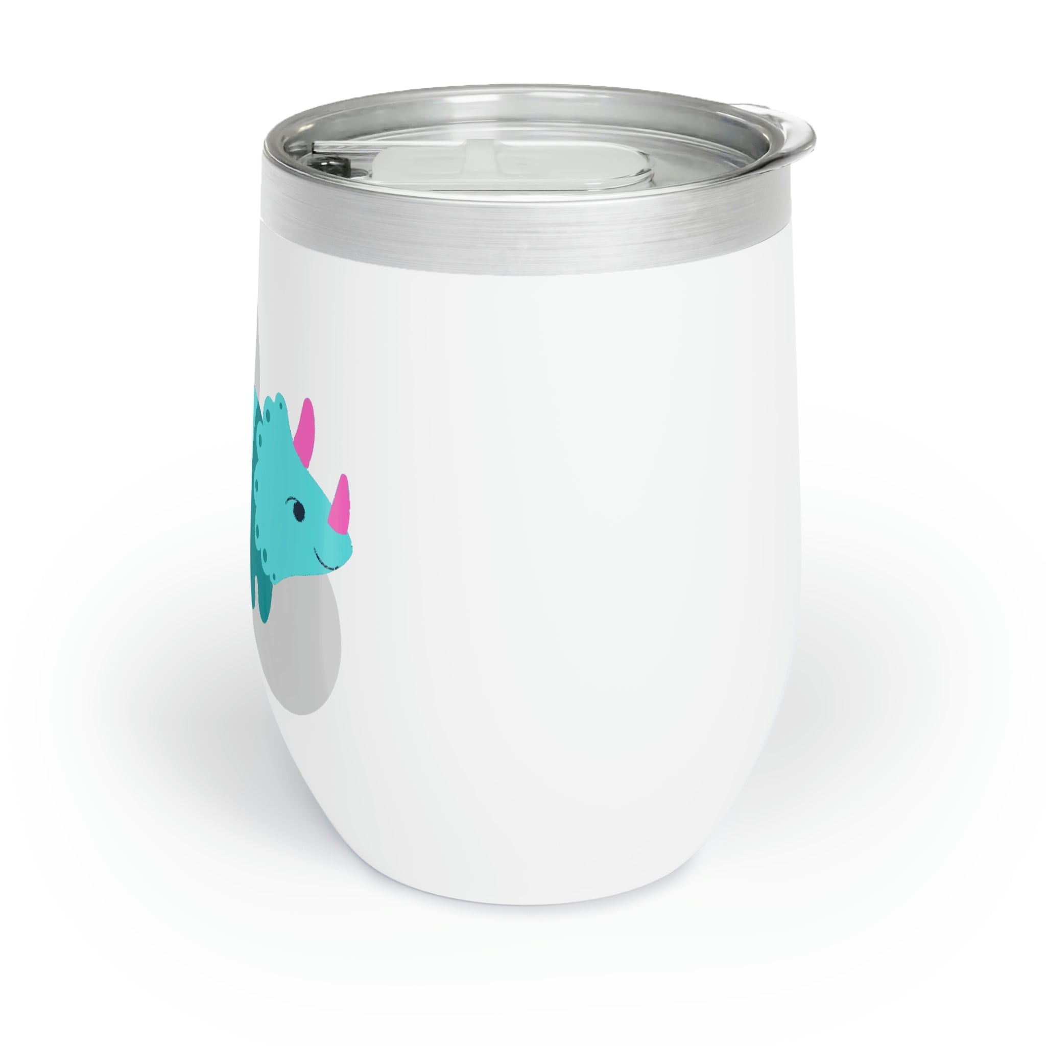 Light blue stainless steel wine tumbler featuring a playful triceratops design, perfect for keeping drinks at the ideal temperature.