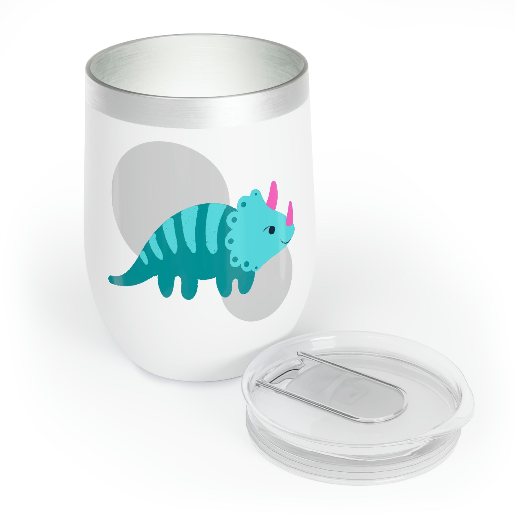 Light blue stainless steel wine tumbler featuring a playful triceratops design, perfect for keeping drinks at the ideal temperature.