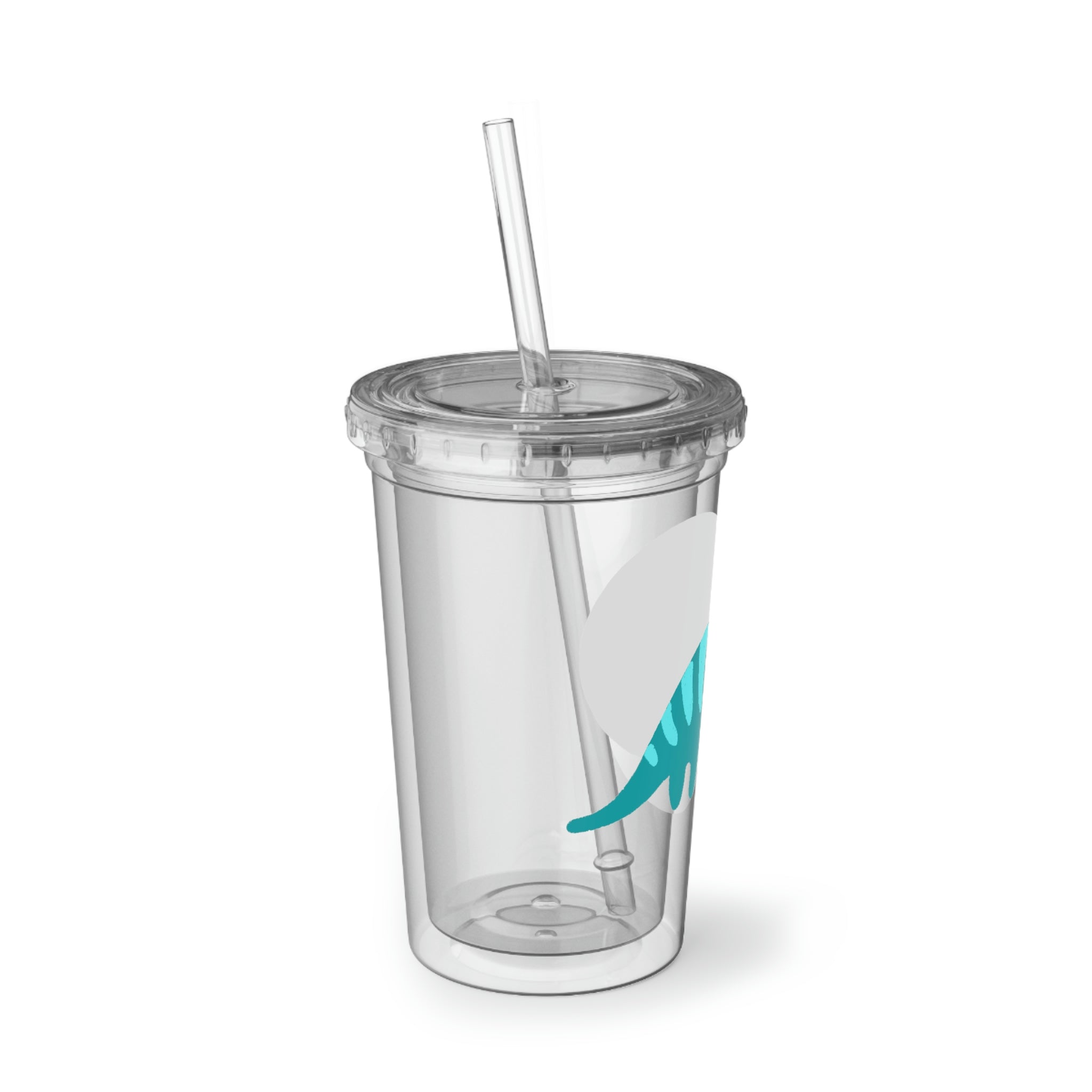 Light Blue Triceratops Dinosaur Suave Acrylic Cup with straw and lid, showcasing vibrant dinosaur design.