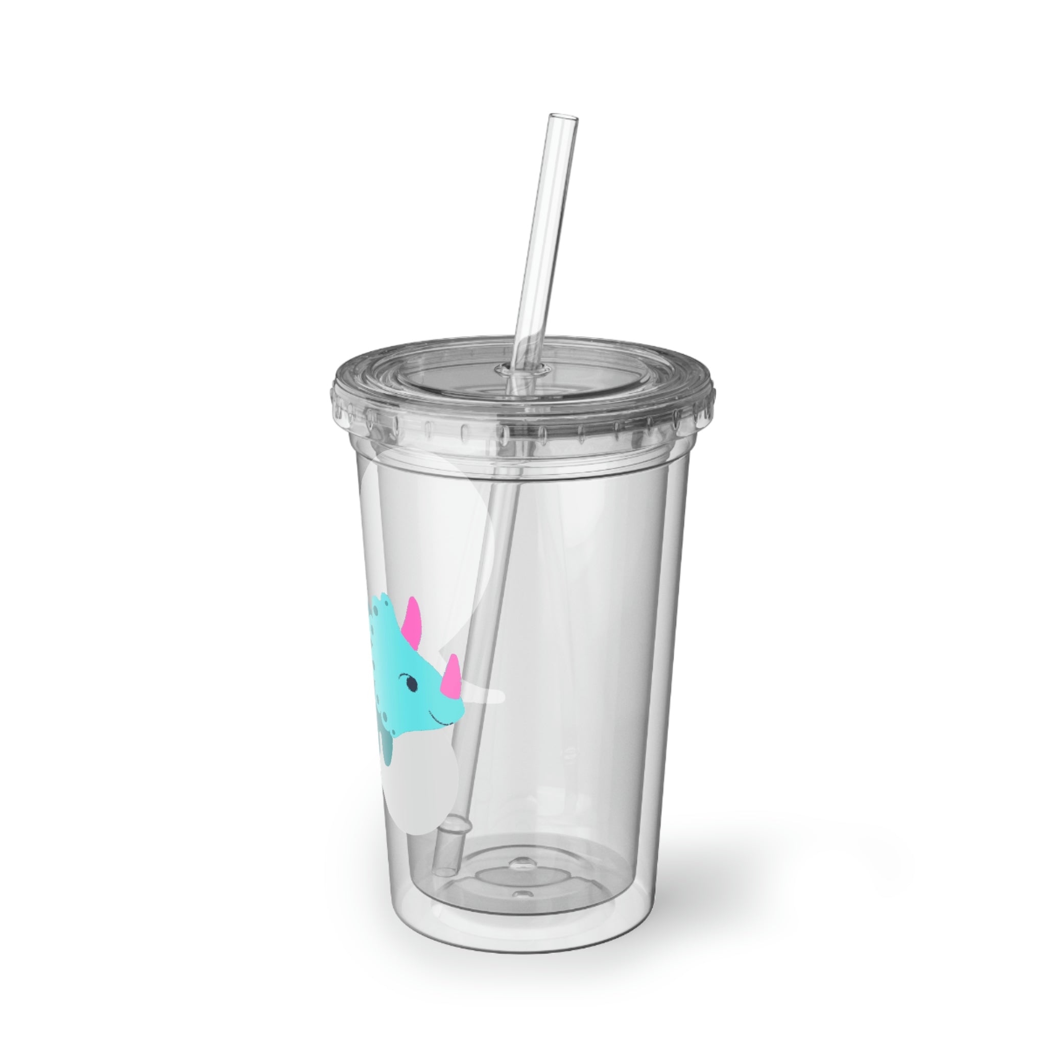 Light Blue Triceratops Dinosaur Suave Acrylic Cup with straw and lid, showcasing vibrant dinosaur design.