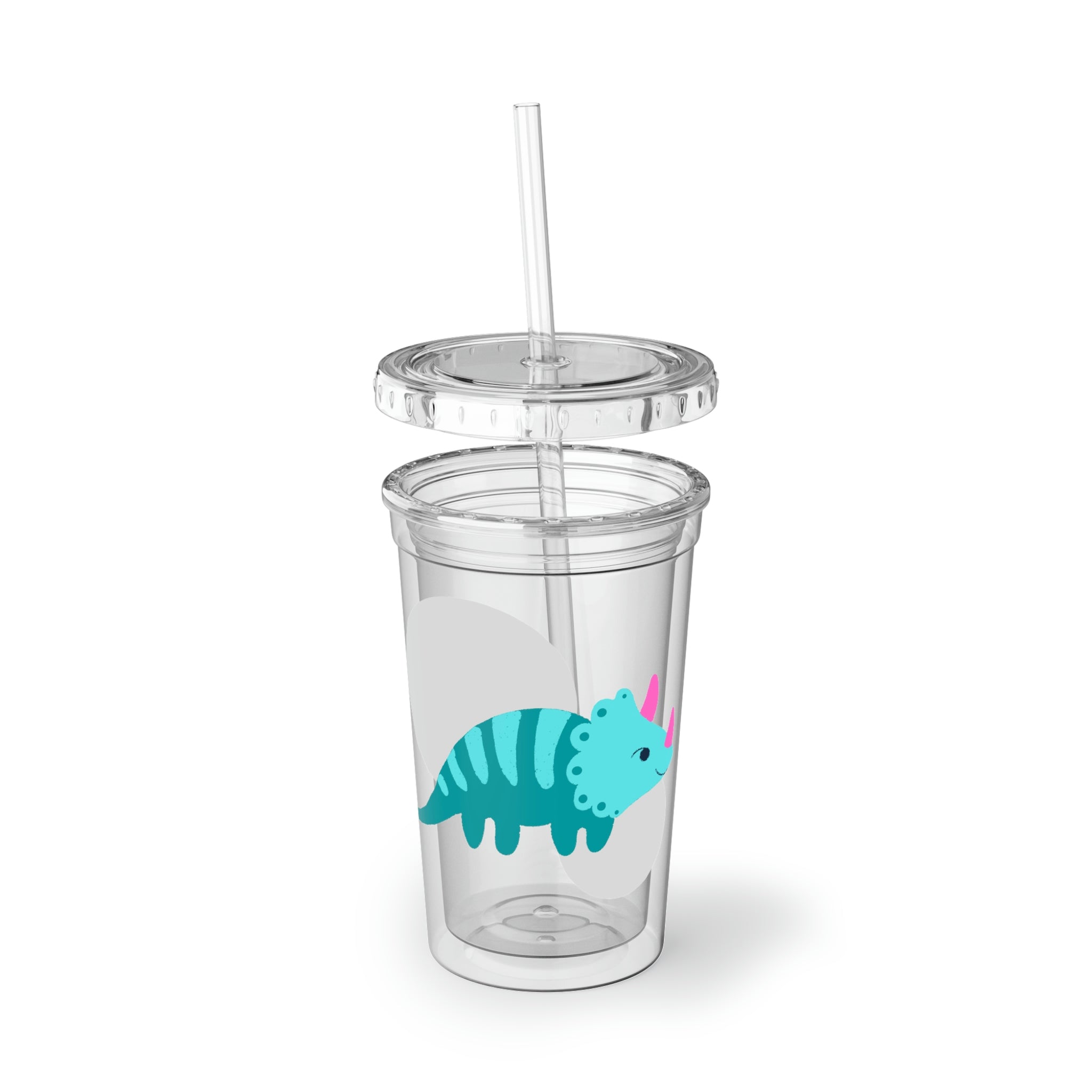 Light Blue Triceratops Dinosaur Suave Acrylic Cup with straw and lid, showcasing vibrant dinosaur design.