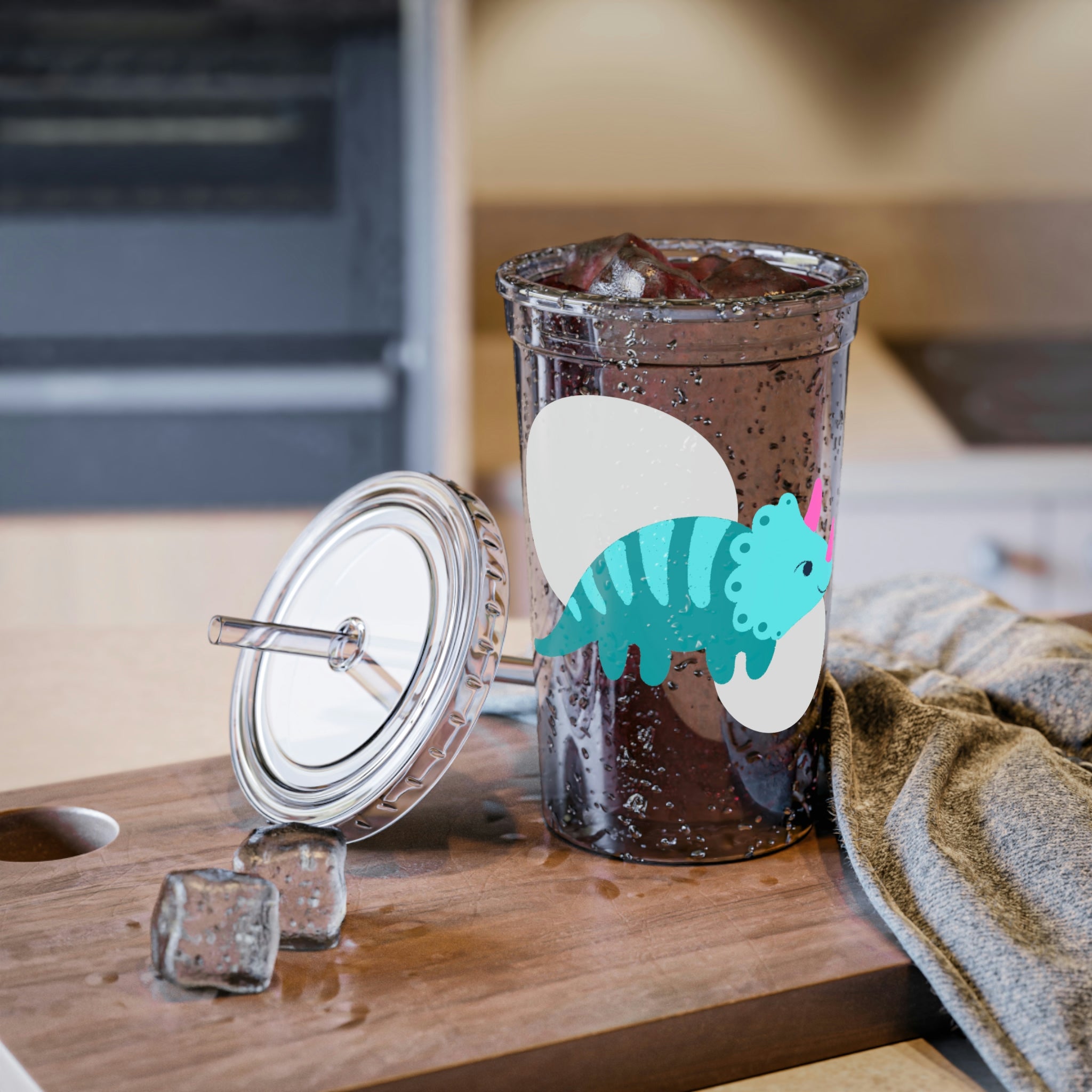 Light Blue Triceratops Dinosaur Suave Acrylic Cup with straw and lid, showcasing vibrant dinosaur design.