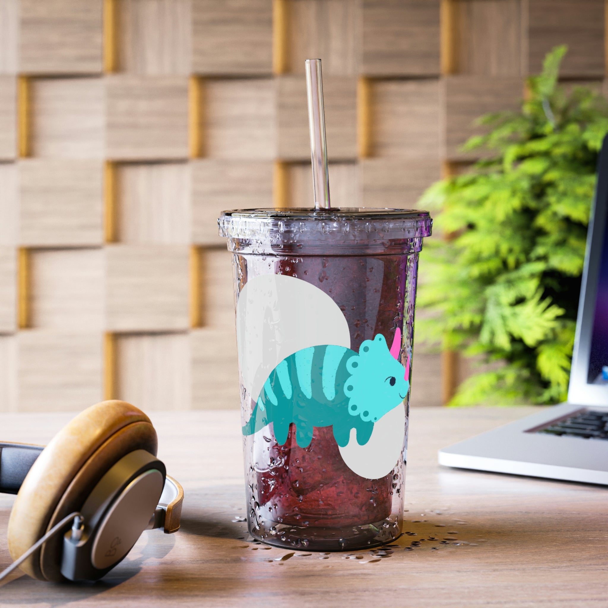 Light Blue Triceratops Dinosaur Suave Acrylic Cup with straw and lid, showcasing vibrant dinosaur design.