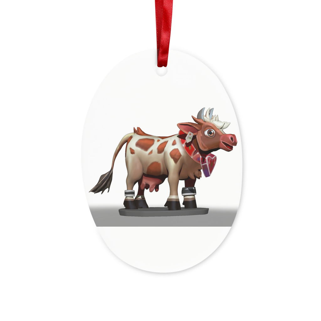 Light Brown Cow Ceramic Hanging Ornament with red ribbon and gold string, perfect for Christmas decoration.