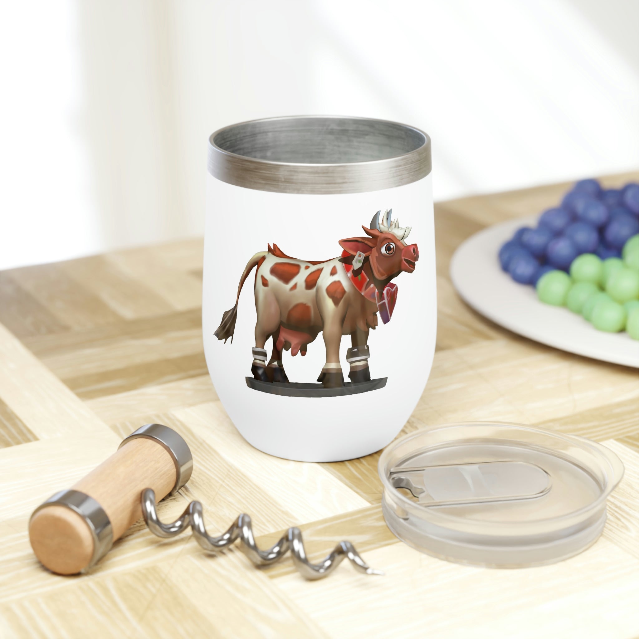 Light Brown Cow Chill Wine Tumbler with double-insulated walls and a stylish design, perfect for wine lovers.