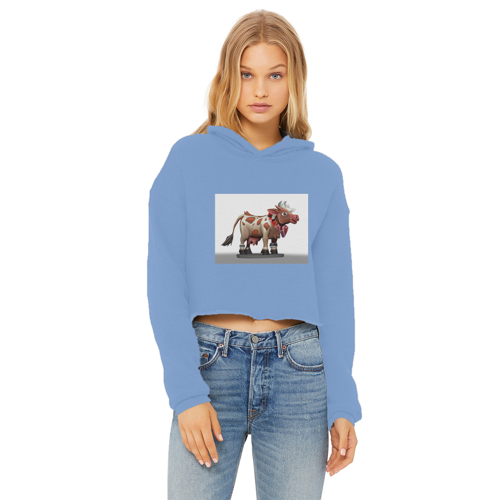 Light Brown Cow Ladies Cropped Raw Edge Hoodie featuring a stylish raw edge hem and double fabric hood, perfect for casual wear.