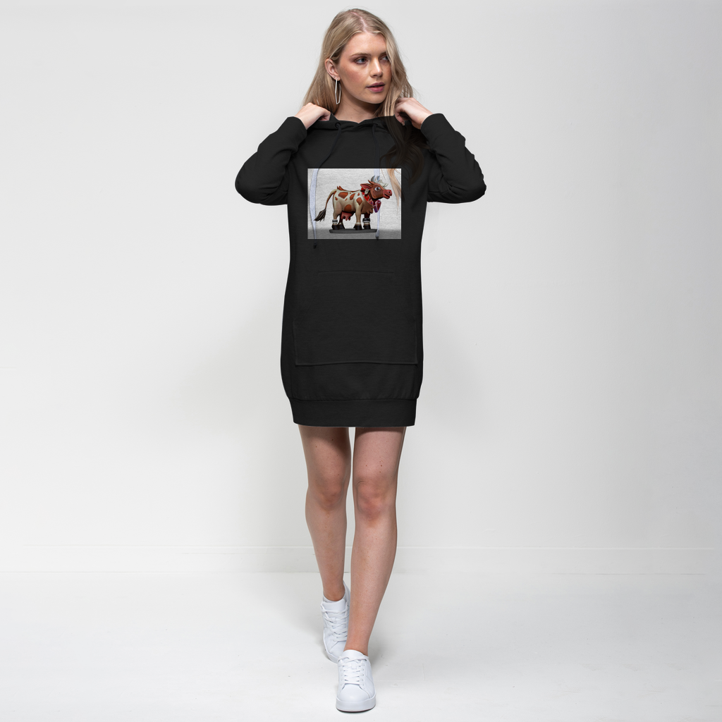 Light Brown Cow Premium Adult Hoodie Dress featuring a hood, full-length sleeves, and kangaroo pouch pocket.