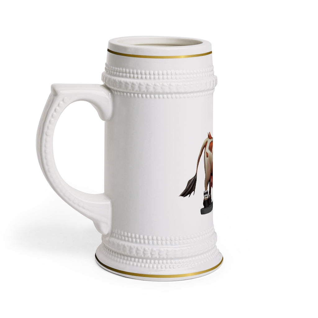 Light Brown Cow Stein Mug made of durable white ceramic with ribbed outlines, perfect for custom designs.