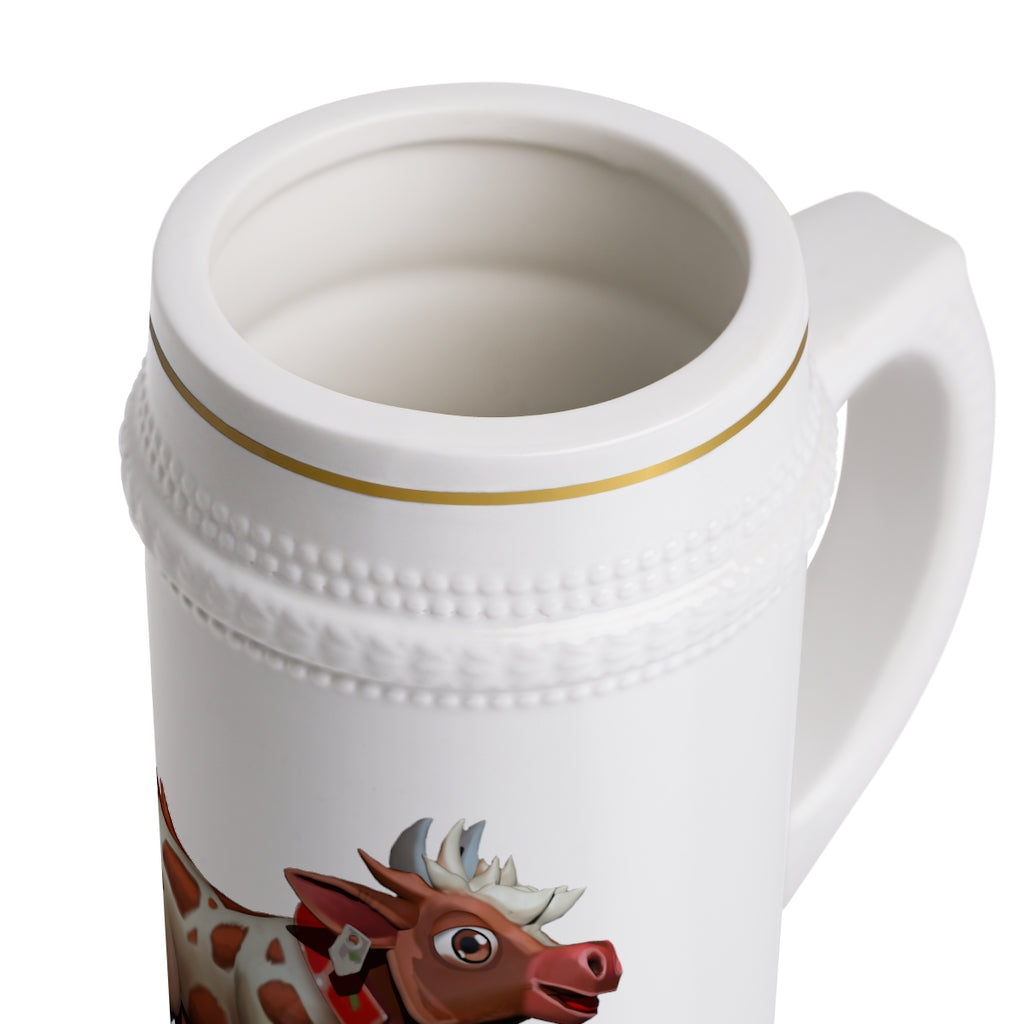 Light Brown Cow Stein Mug made of durable white ceramic with ribbed outlines, perfect for custom designs.