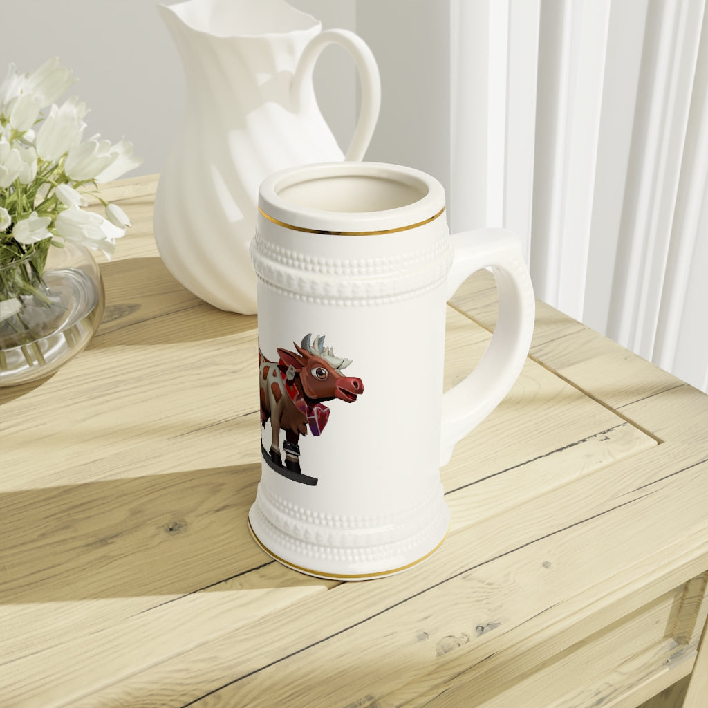 Light Brown Cow Stein Mug made of durable white ceramic with ribbed outlines, perfect for custom designs.