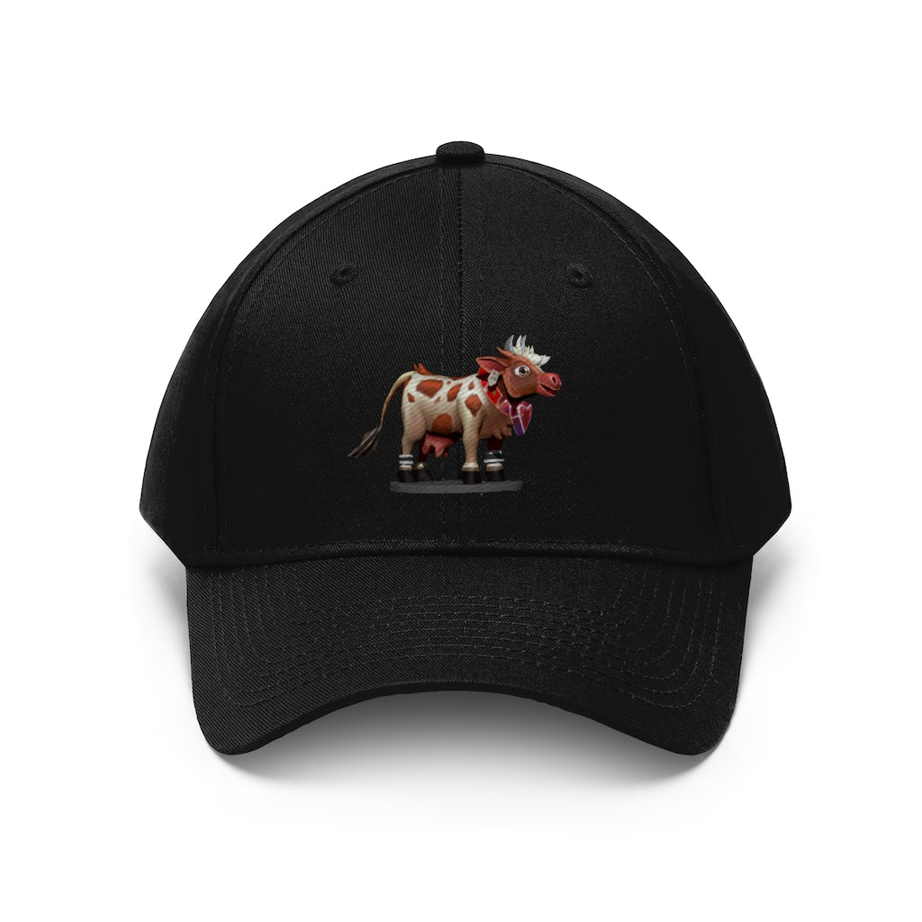 Light Brown Cow Unisex Twill Hat featuring a classic 6-panel design and adjustable Velcro closure, perfect for outdoor activities.