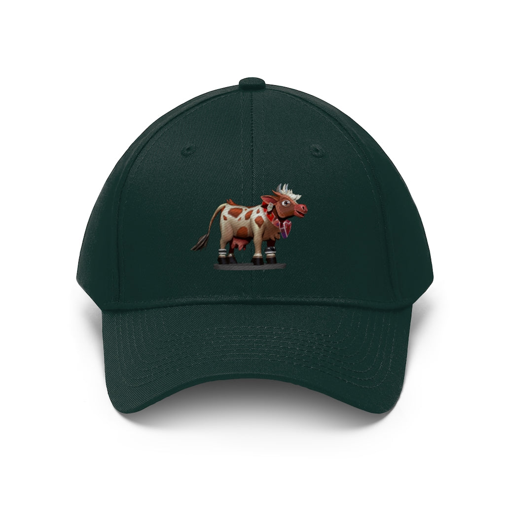 Light Brown Cow Unisex Twill Hat featuring a classic 6-panel design and adjustable Velcro closure, perfect for outdoor activities.