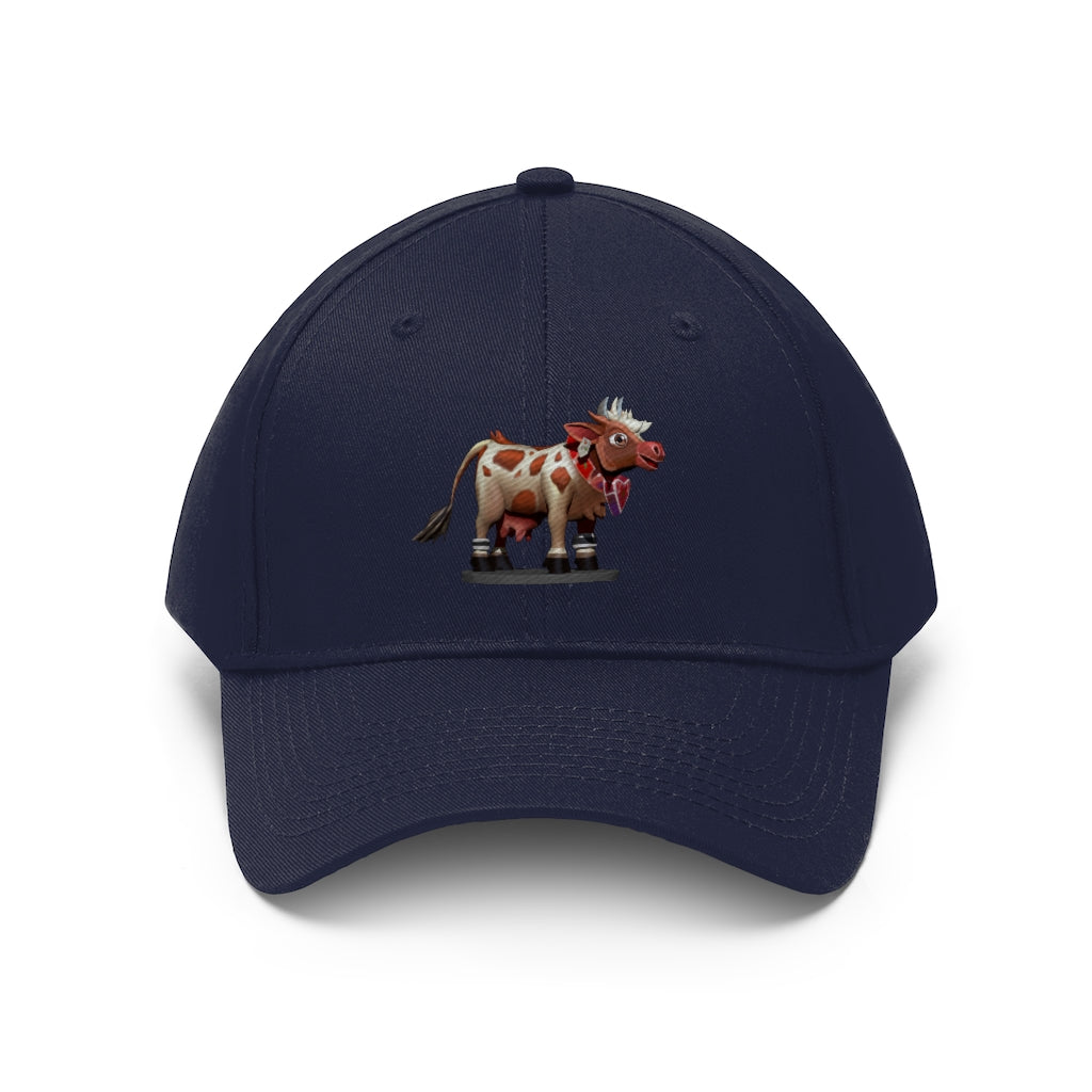 Light Brown Cow Unisex Twill Hat featuring a classic 6-panel design and adjustable Velcro closure, perfect for outdoor activities.