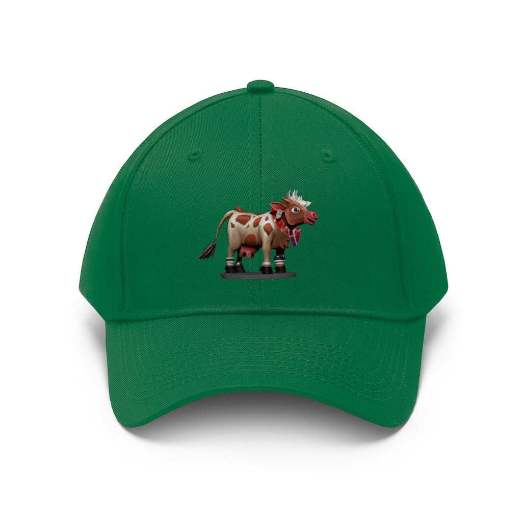 Light Brown Cow Unisex Twill Hat featuring a classic 6-panel design and adjustable Velcro closure, perfect for outdoor activities.