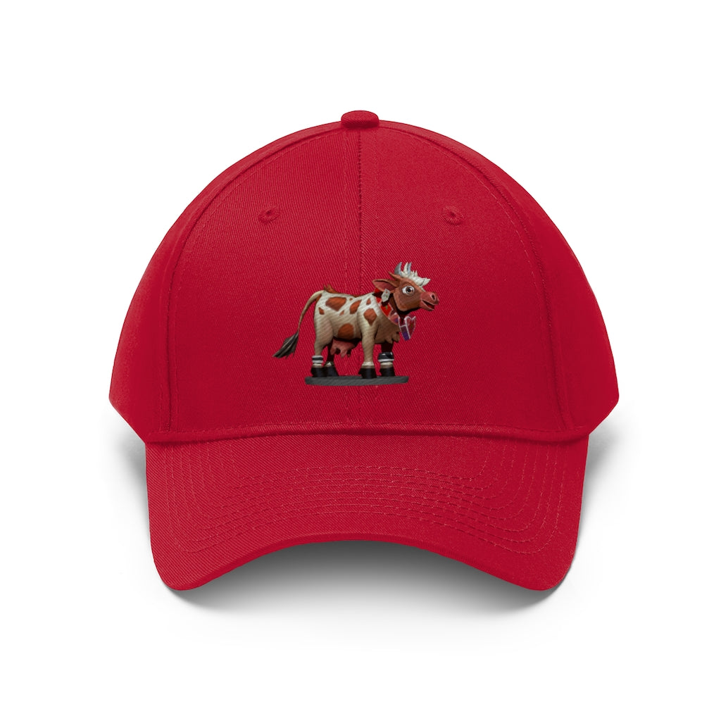 Light Brown Cow Unisex Twill Hat featuring a classic 6-panel design and adjustable Velcro closure, perfect for outdoor activities.