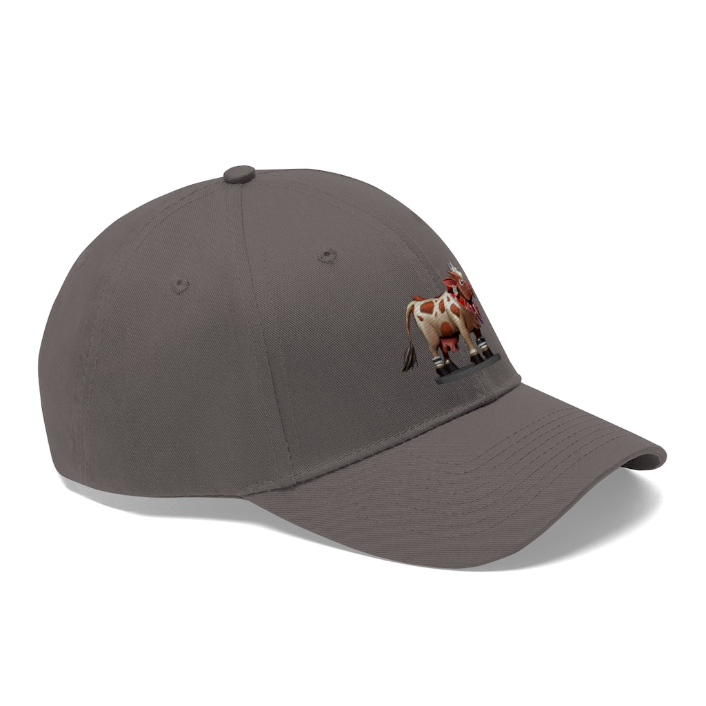 Light Brown Cow Unisex Twill Hat featuring a classic 6-panel design and adjustable Velcro closure, perfect for outdoor activities.