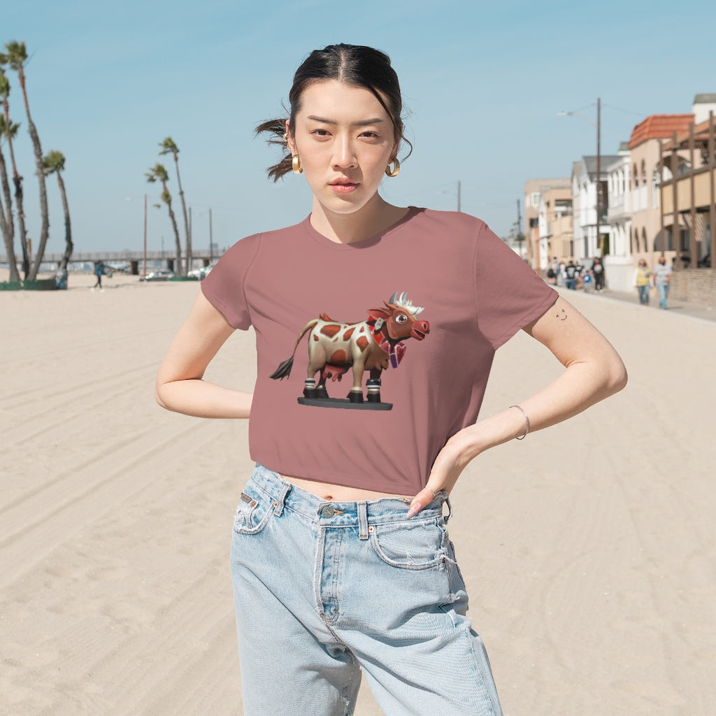 Light Brown Cow Women's Flowy Cropped Tee showcasing a soft, lightweight fabric with a modest crop and flowy fit.