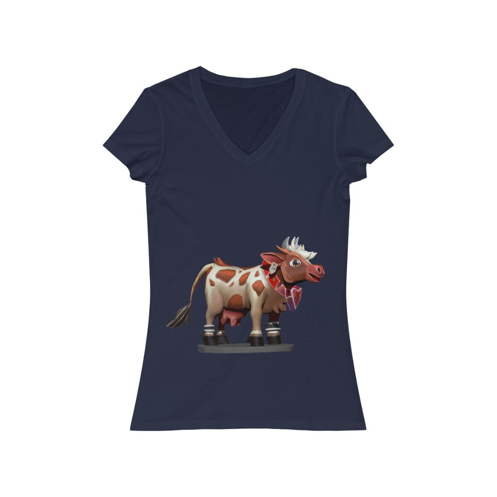 Light Brown Cow Women's Jersey Short Sleeve V-Neck Tee showcasing a modern feminine fit and classic V-neck design in soft cotton fabric.