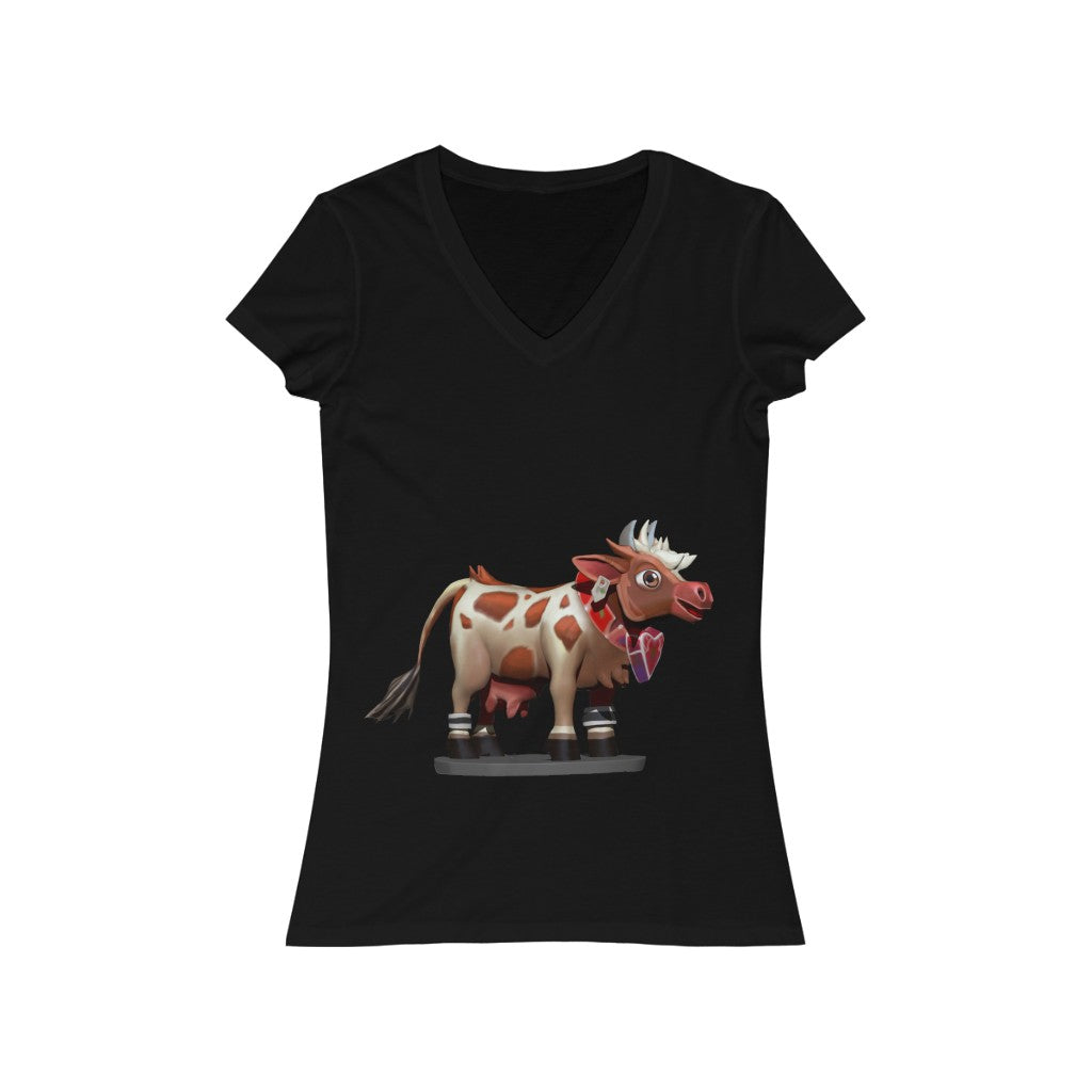 Light Brown Cow Women's Jersey Short Sleeve V-Neck Tee showcasing a modern feminine fit and classic V-neck design in soft cotton fabric.