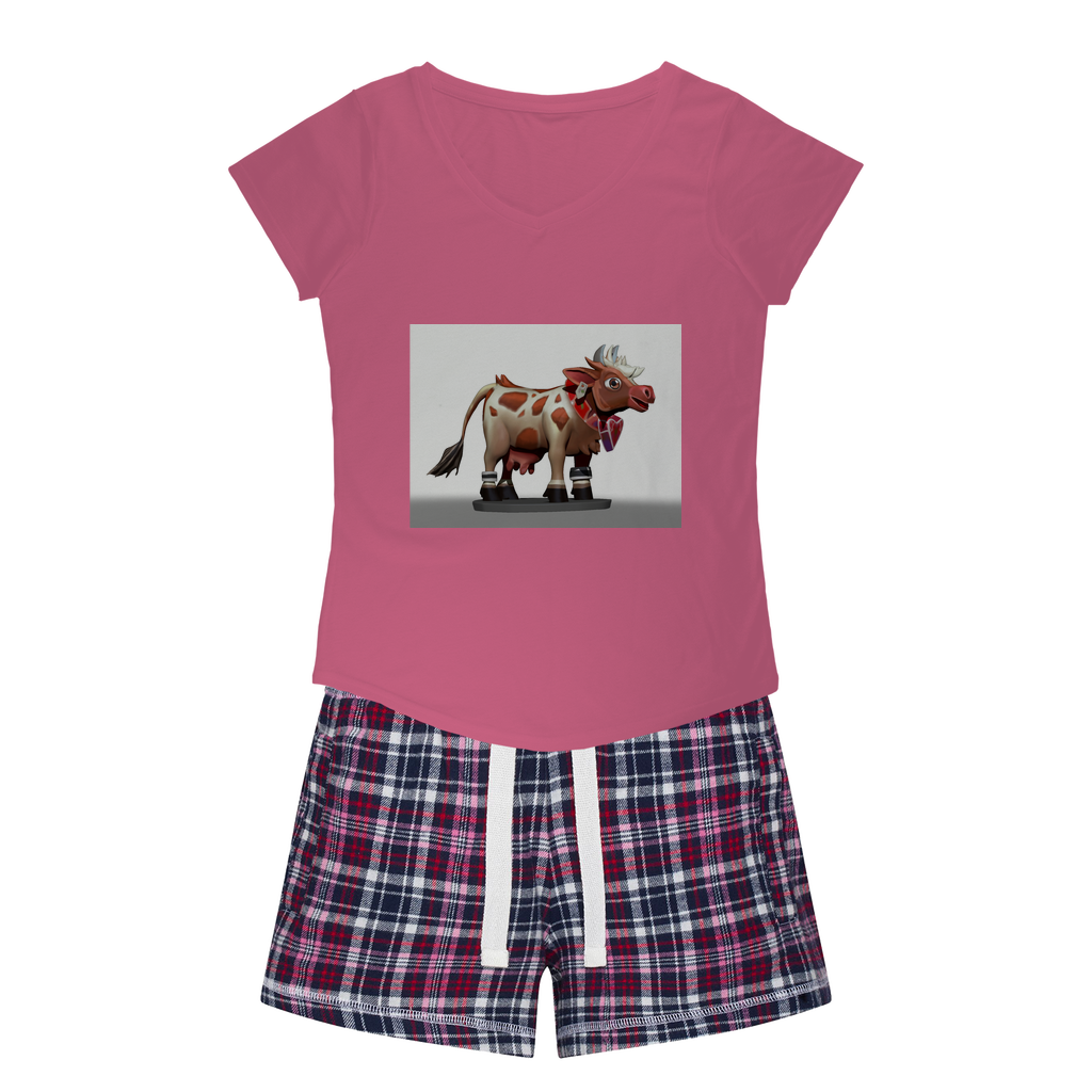Light Brown Cow Women's Sleepy Tee and Flannel Short set featuring a relaxed fit T-shirt and vibrant flannel shorts, perfect for cozy nights.