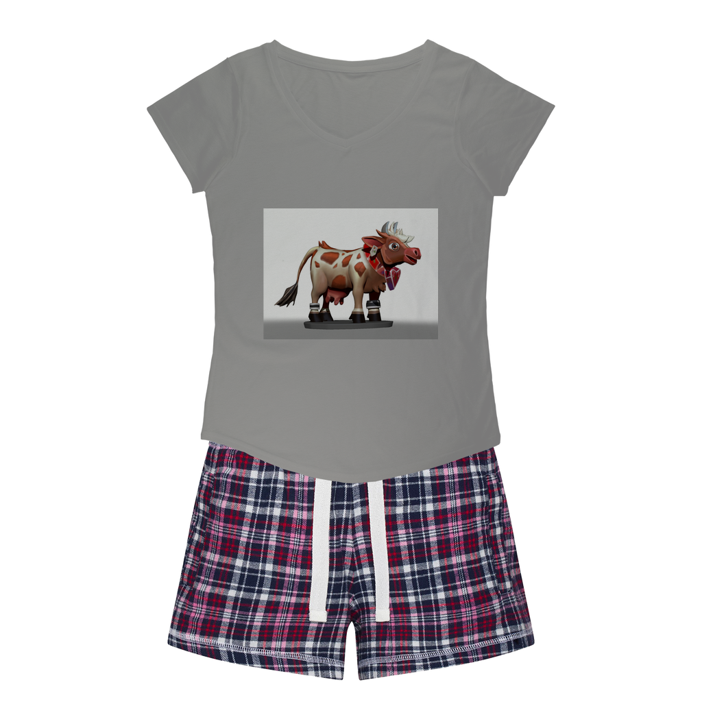 Light Brown Cow Women's Sleepy Tee and Flannel Short set featuring a relaxed fit T-shirt and vibrant flannel shorts, perfect for cozy nights.