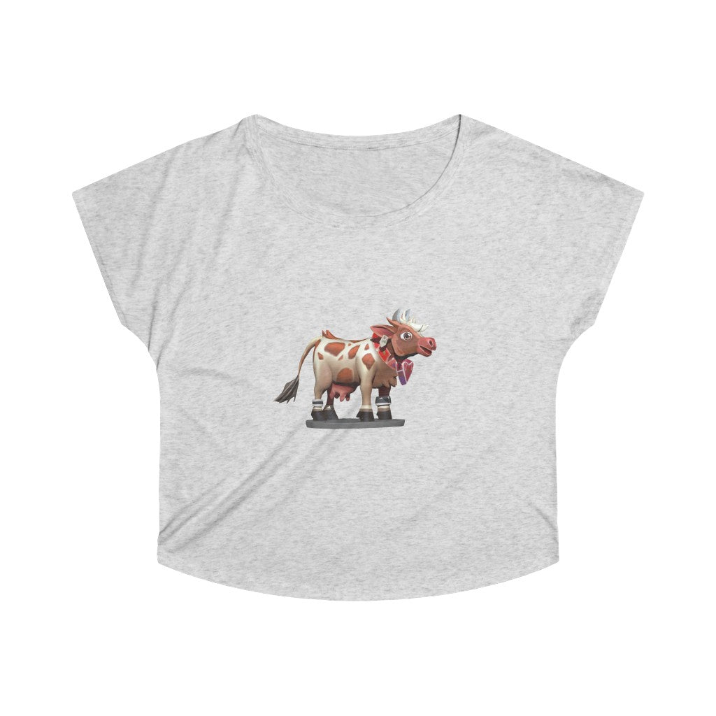 Light Brown Cow Women's Tri-Blend Dolman tee showcasing its loose fit and soft fabric.