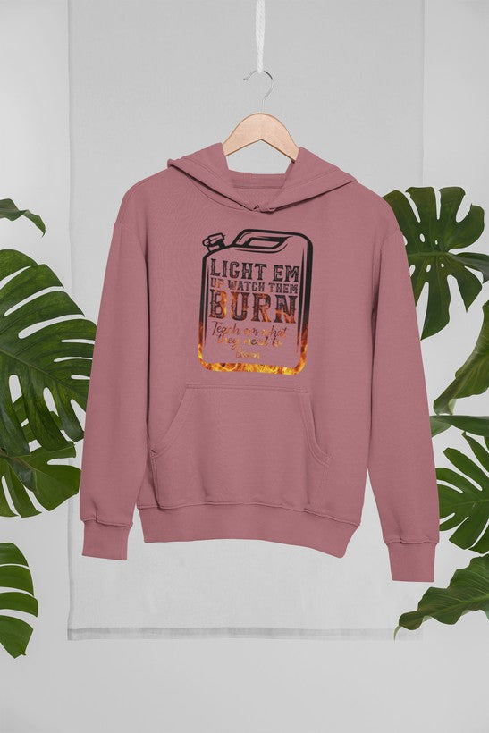 Light Em Up Watch Them Burn Hoodie featuring a unique artistic design, adjustable hood, and cozy fleece lining.