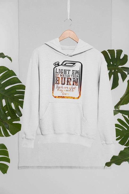 Light Em Up Watch Them Burn Hoodie featuring a unique artistic design, adjustable hood, and cozy fleece lining.
