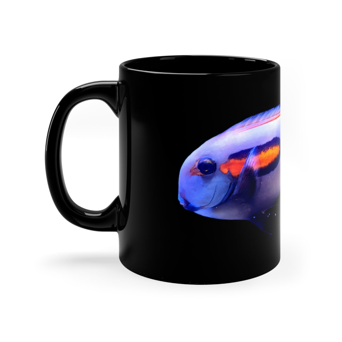 Light White Fish 11oz black ceramic mug with customizable design options, perfect for coffee, tea, or hot chocolate.