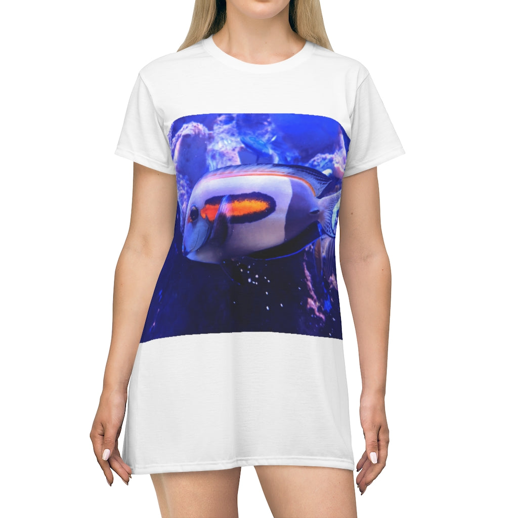 Light White Fish All Over Print T-Shirt Dress featuring a vibrant fish pattern on a soft fabric.