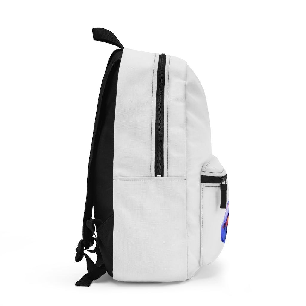 Light White Fish Backpack made from durable spun polyester, featuring adjustable straps and a custom name tag, ideal for everyday use.