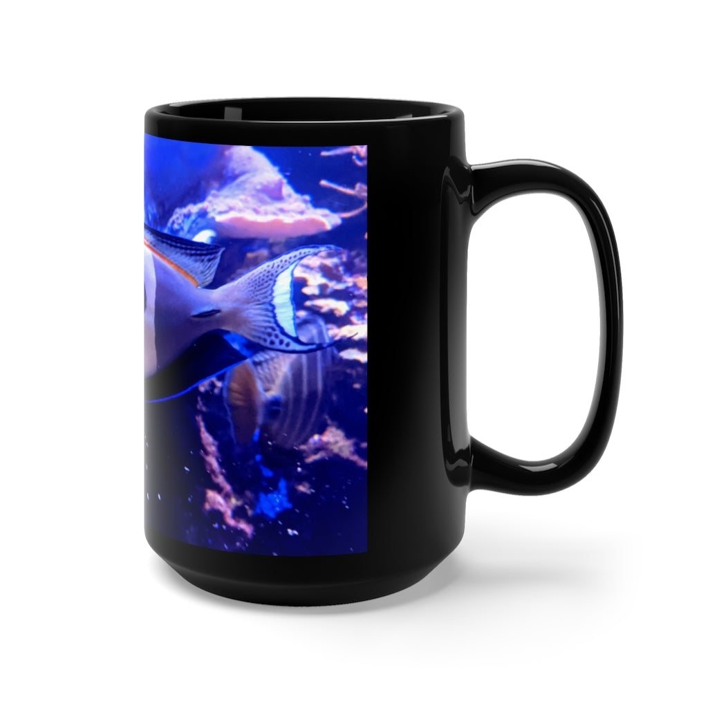 Light White Fish Black Mug, 15oz ceramic mug with a sleek black design and comfortable C-handle, perfect for coffee and tea.