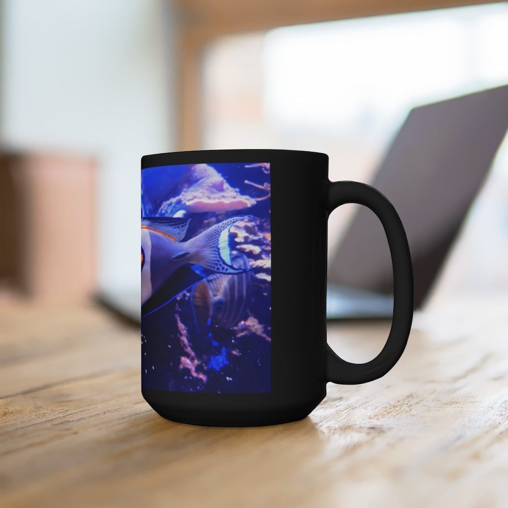 Light White Fish Black Mug, 15oz ceramic mug with a sleek black design and comfortable C-handle, perfect for coffee and tea.