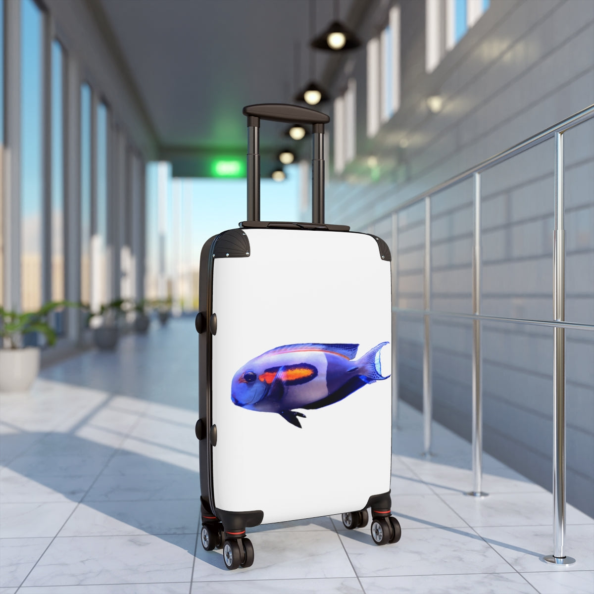 Light White Fish Cabin Suitcase with personalized design, showcasing its polycarbonate shell and adjustable handle.