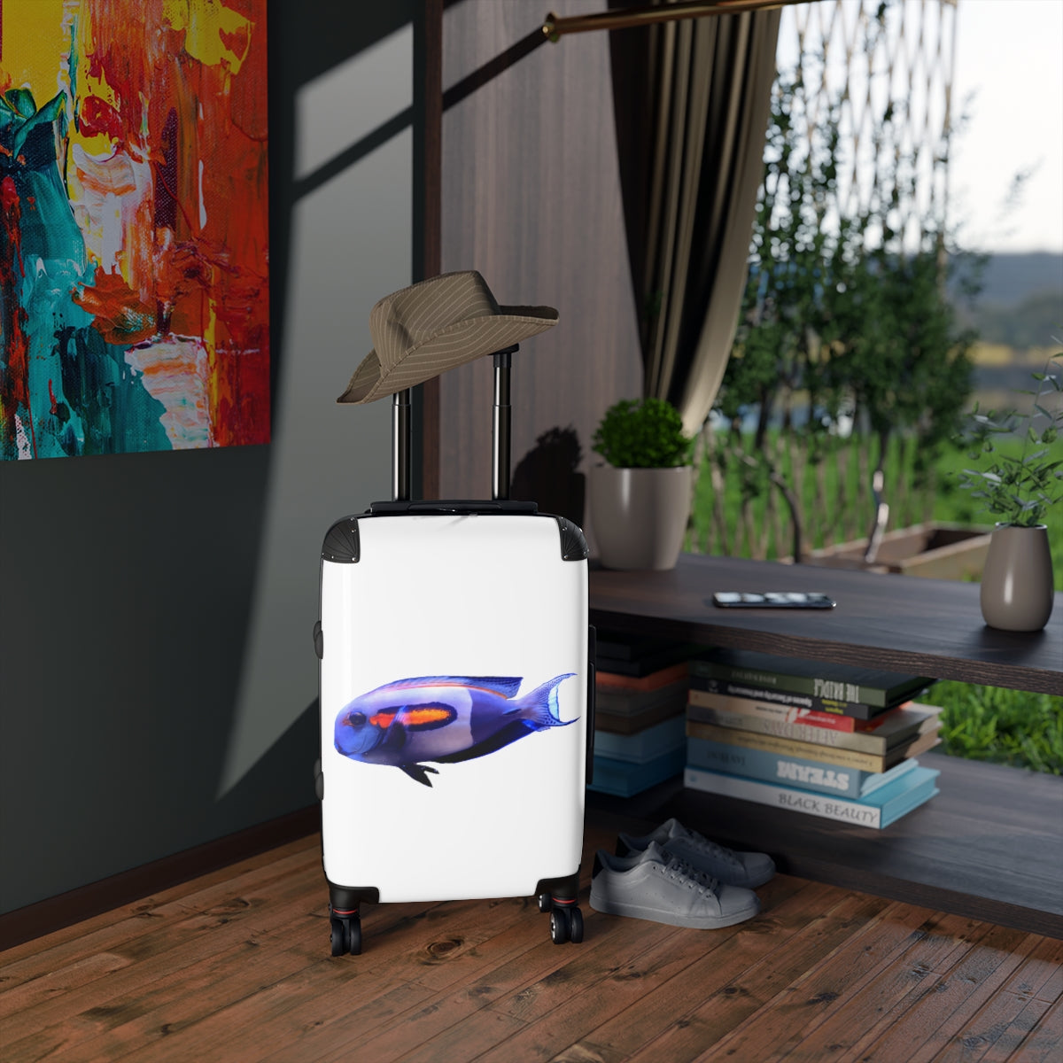 Light White Fish Cabin Suitcase with personalized design, showcasing its polycarbonate shell and adjustable handle.