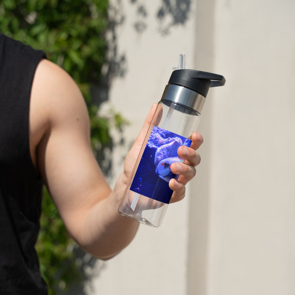 Light White Fish Kensington Tritan™ Sport Bottle, 20oz, featuring a screw-on lid, straw, and carabiner hook for easy attachment.
