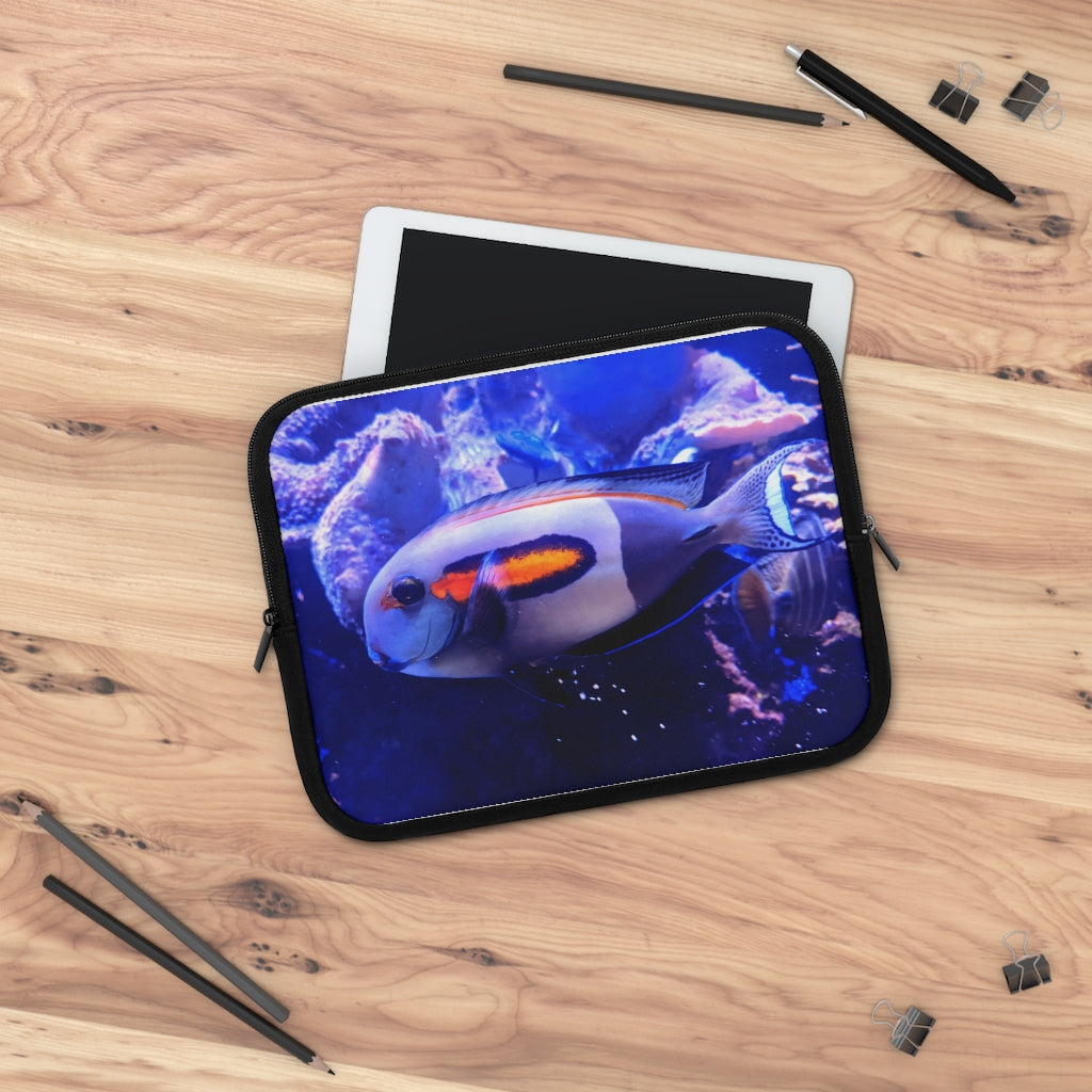 Light White Fish Laptop Sleeve with customizable front and black polyester back, showcasing a stylish design for laptop protection.