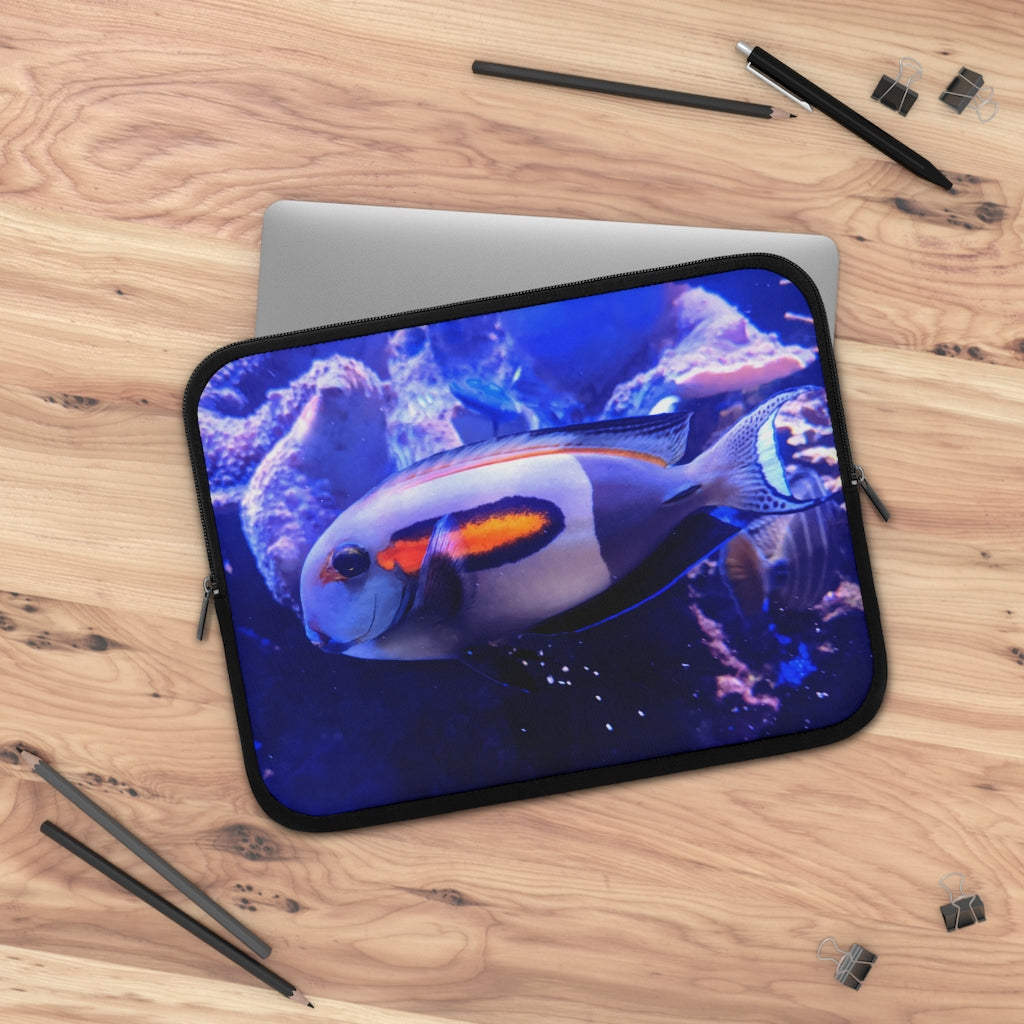 Light White Fish Laptop Sleeve with customizable front and black polyester back, showcasing a stylish design for laptop protection.