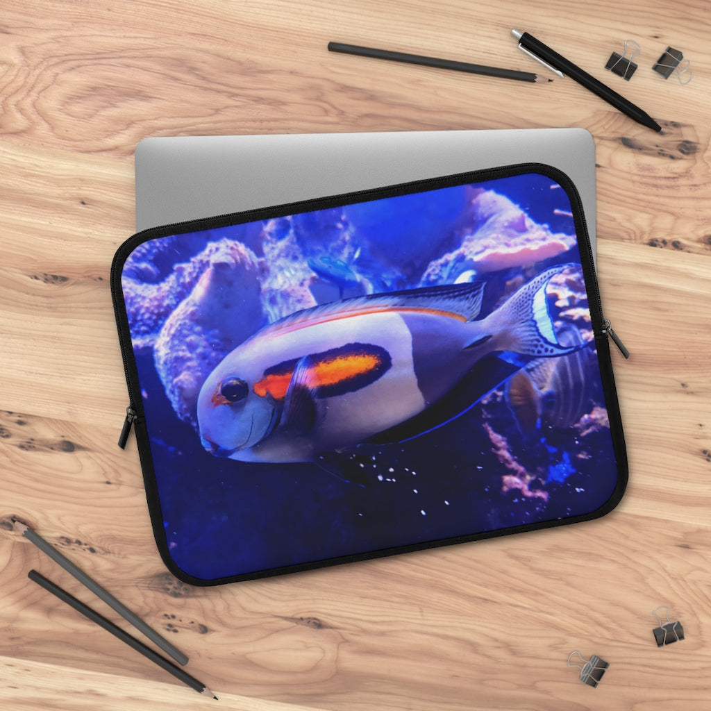 Light White Fish Laptop Sleeve with customizable front and black polyester back, showcasing a stylish design for laptop protection.