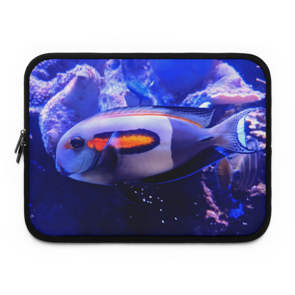 Light White Fish Laptop Sleeve with customizable front and black polyester back, showcasing a stylish design for laptop protection.