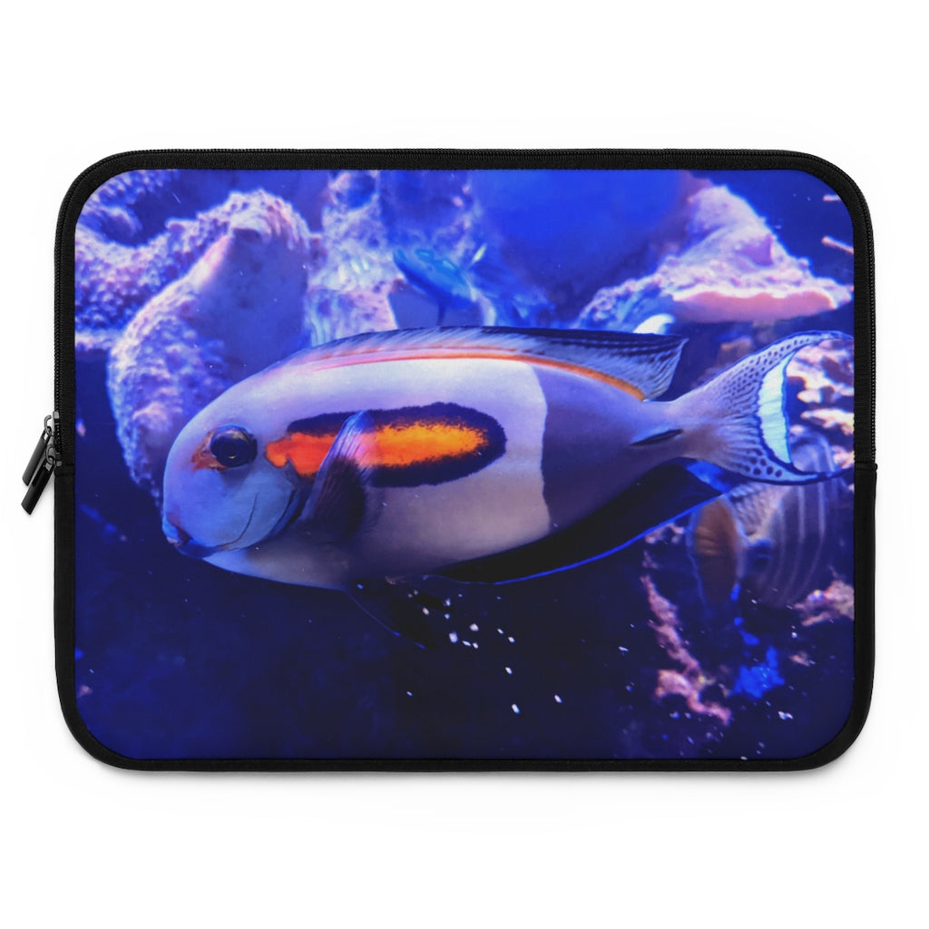 Light White Fish Laptop Sleeve with customizable front and black polyester back, showcasing a stylish design for laptop protection.