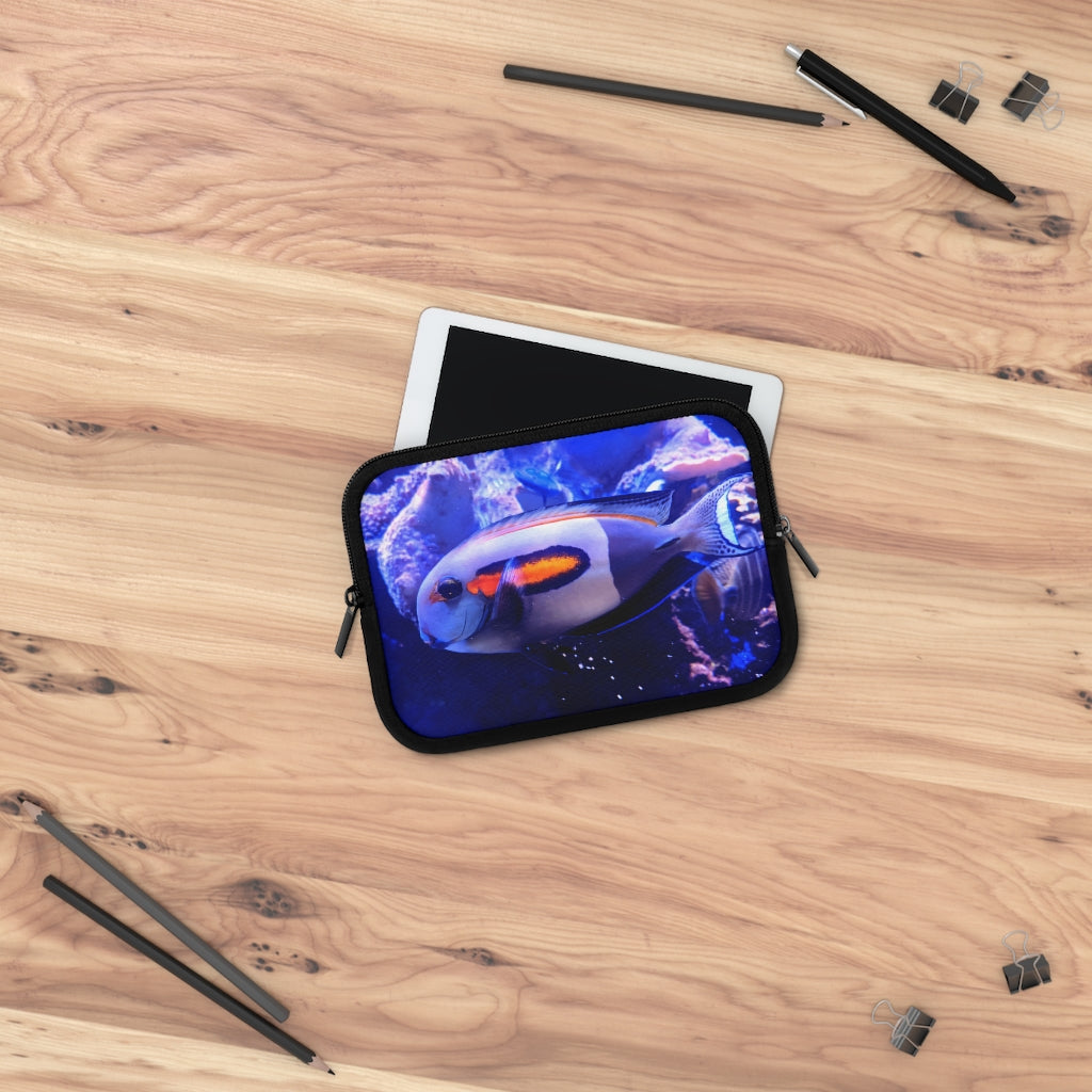 Light White Fish Laptop Sleeve with customizable front and black polyester back, showcasing a stylish design for laptop protection.