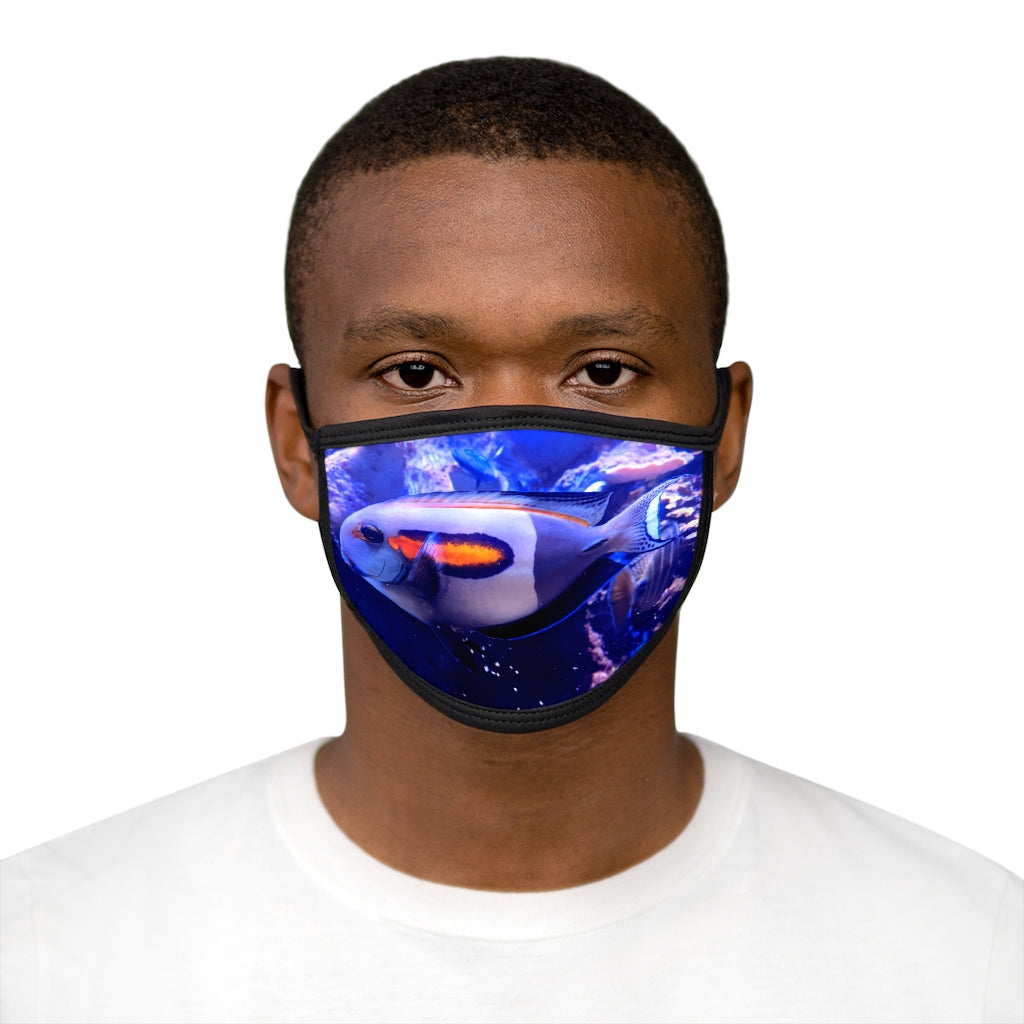 Light White Fish Mixed-Fabric Face Mask featuring a stylish design with a black outer edge and earloops, made from polyester and cotton.