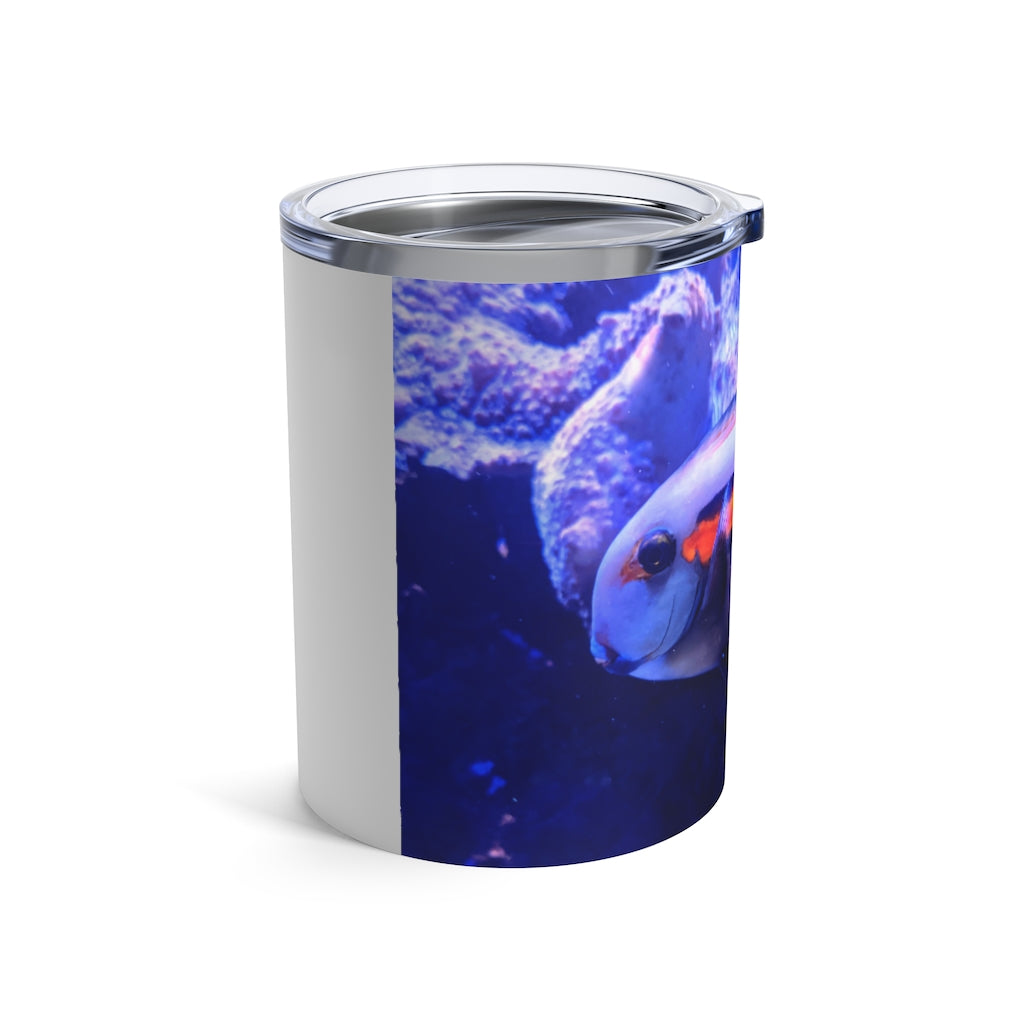 Light White Fish Tumbler 10oz made of stainless steel with rounded corners and a see-thru plastic lid, perfect for stylish beverage enjoyment.