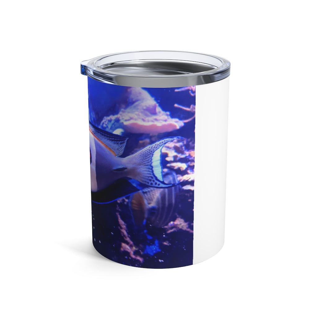 Light White Fish Tumbler 10oz made of stainless steel with rounded corners and a see-thru plastic lid, perfect for stylish beverage enjoyment.