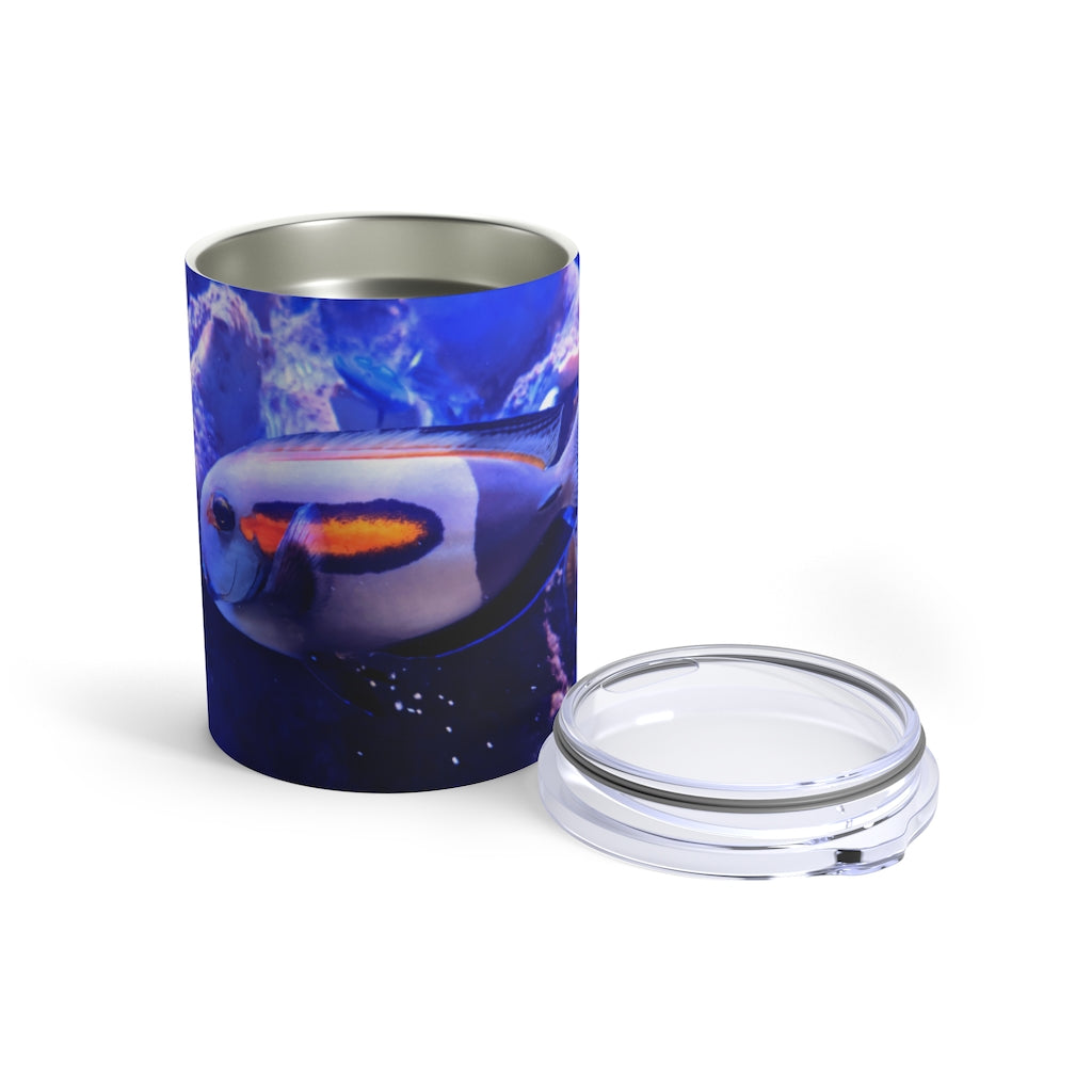 Light White Fish Tumbler 10oz made of stainless steel with rounded corners and a see-thru plastic lid, perfect for stylish beverage enjoyment.