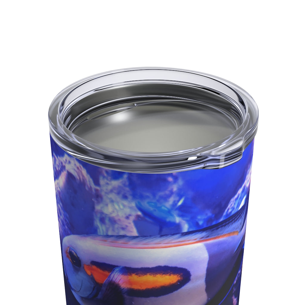 Light White Fish Tumbler 10oz made of stainless steel with rounded corners and a see-thru plastic lid, perfect for stylish beverage enjoyment.
