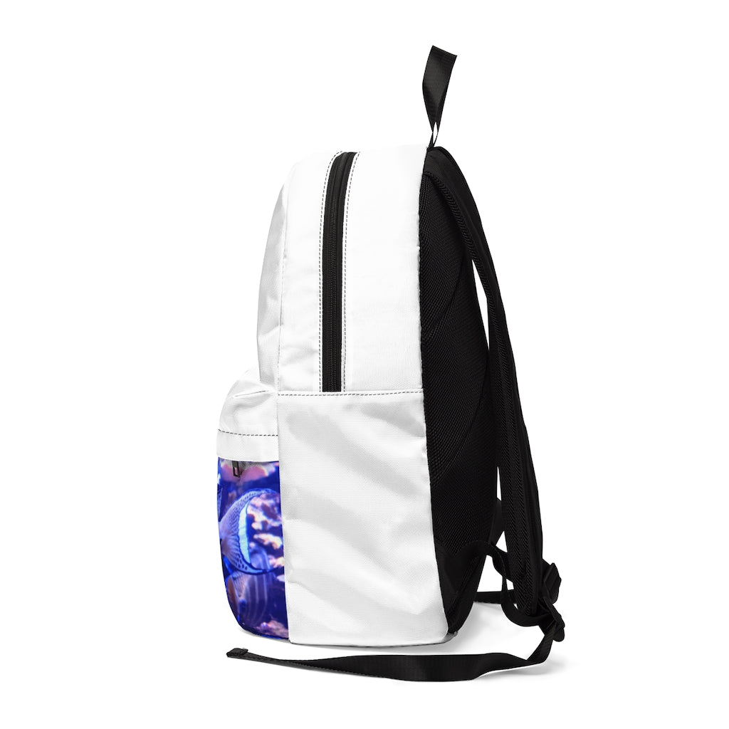 Light White Fish Unisex Classic Backpack showcasing its durable nylon material and adjustable straps, perfect for daily use and travel.
