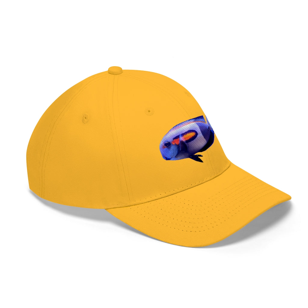 Light White Fish Unisex Twill Hat featuring a classic 6-panel design and adjustable Velcro closure, made from 100% cotton twill.